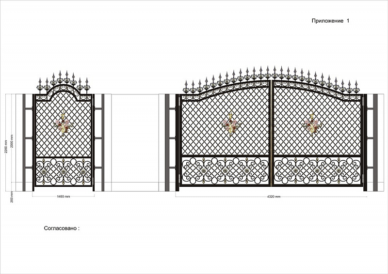 Эскиз кованых ворот с калиткой №34 фото